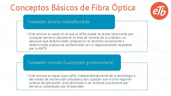 Conceptos Básicos de Fibra Óptica Televisión abierta radiodifundida • Este servicio es aquel en