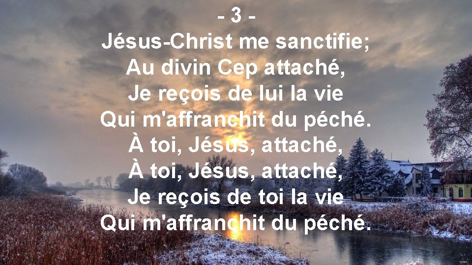 -3 Jésus-Christ me sanctifie; Au divin Cep attaché, Je reçois de lui la vie