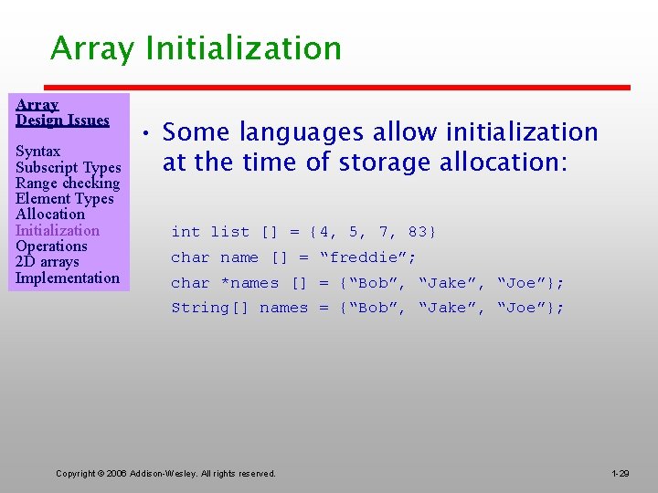 Array Initialization Array Design Issues Syntax Subscript Types Range checking Element Types Allocation Initialization