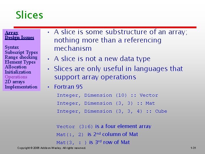 Slices Array Design Issues Syntax Subscript Types Range checking Element Types Allocation Initialization Operations