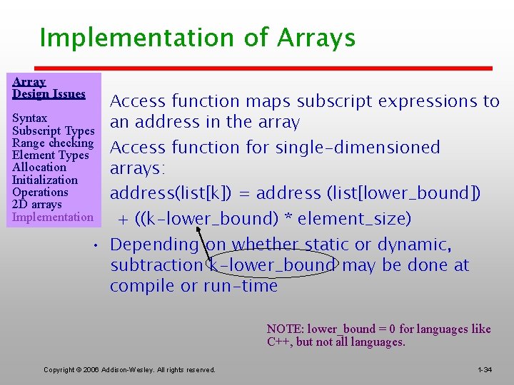 Implementation of Arrays Array Design Issues • Access function maps subscript expressions to Syntax