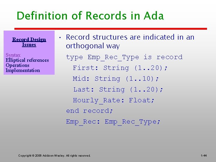 Definition of Records in Ada Record Design Issues Syntax Elliptical references Operations Implementation •