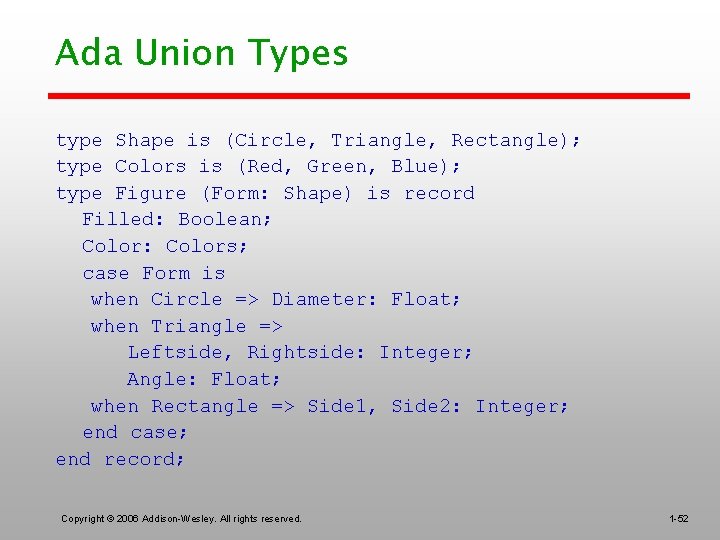 Ada Union Types type Shape is (Circle, Triangle, Rectangle); type Colors is (Red, Green,