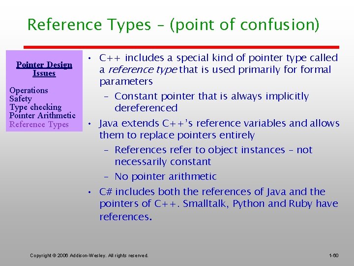 Reference Types – (point of confusion) Pointer Design Issues Operations Safety Type checking Pointer