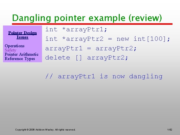 Dangling pointer example (review) Pointer Design Issues Operations Safety Pointer Arithmetic Reference Types int