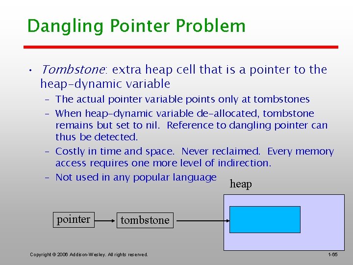 Dangling Pointer Problem • Tombstone: extra heap cell that is a pointer to the