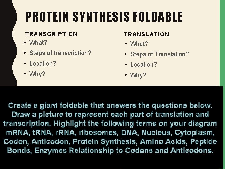 PROTEIN SYNTHESIS FOLDABLE TRANSCRIPTION TRANSLATION • What? • Steps of transcription? • Steps of PROTEIN SYNTHESIS FOLDABLE TRANSCRIPTION TRANSLATION • What? • Steps of transcription? • Steps of