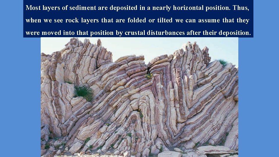 Most layers of sediment are deposited in a nearly horizontal position. Thus, when we