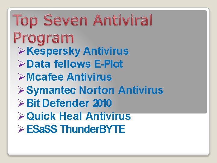  Kespersky Antivirus Data fellows E-Plot Mcafee Antivirus Symantec Norton Antivirus Bit Defender 2010