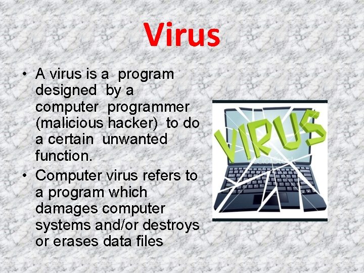Virus • A virus is a program designed by a computer programmer (malicious hacker)