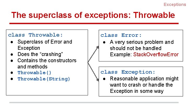 Exceptions The superclass of exceptions: Throwable class Throwable: ● Superclass of Error and Exception