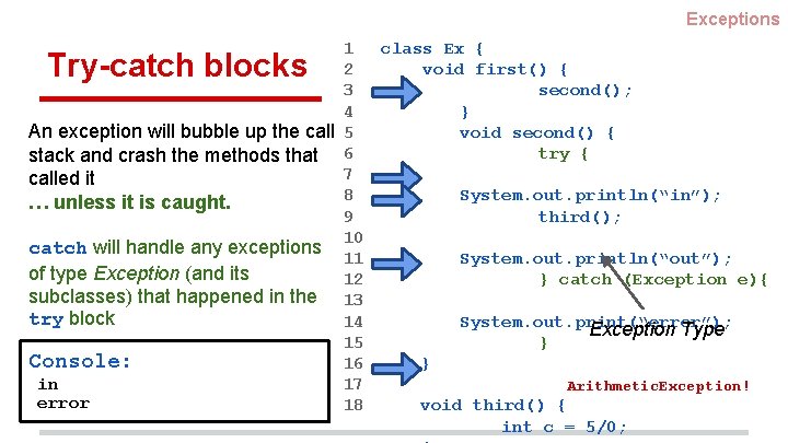 Exceptions 1 class Ex { 2 void first() { 3 second(); 4 } void