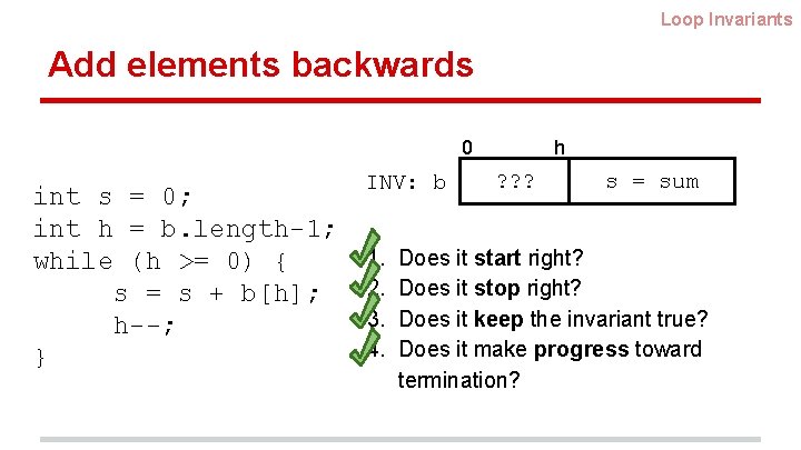 Loop Invariants Add elements backwards 0 int s = 0; int h = b.