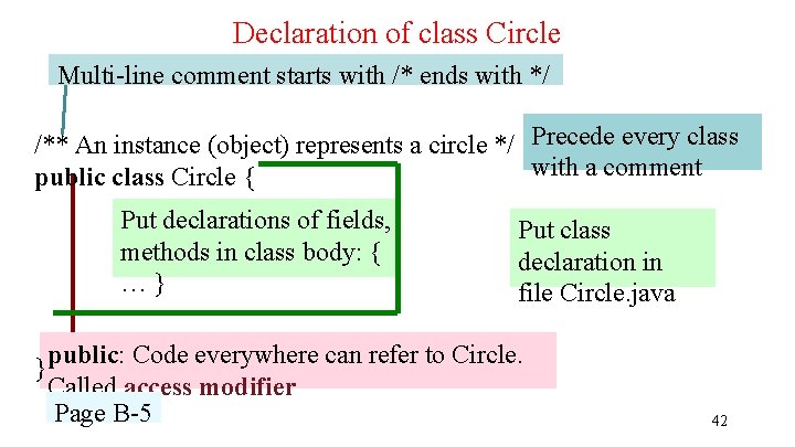 Declaration of class Circle Multi-line comment starts with /* ends with */ /** An