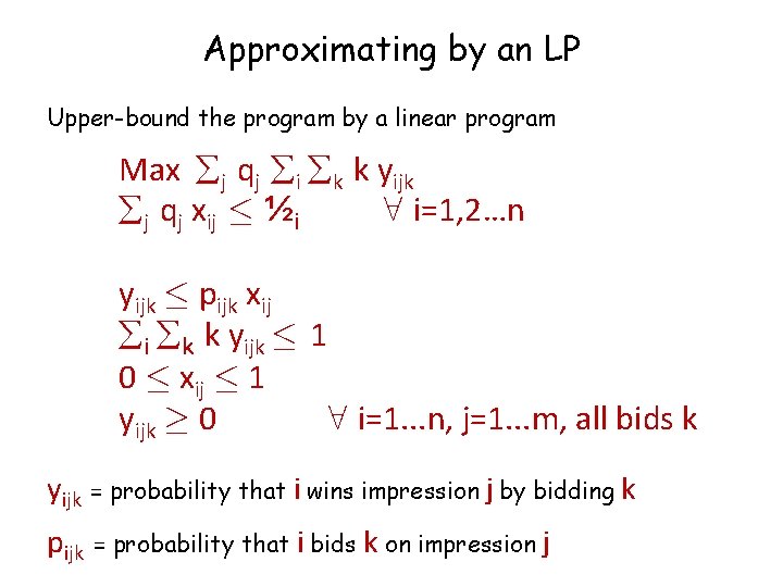 Approximating by an LP Upper-bound the program by a linear program Max j qj