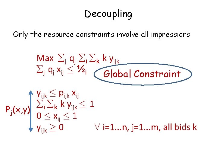Decoupling Only the resource constraints involve all impressions Max j qj i k k