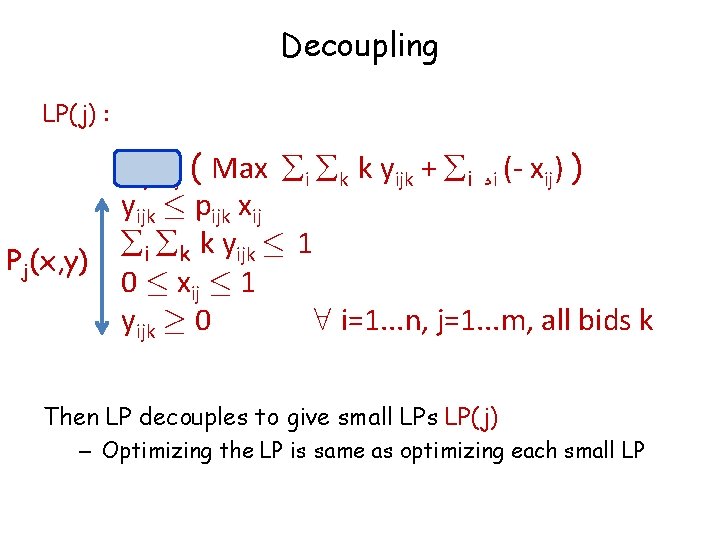 Decoupling LP(j) : Pj(x, y) j qj ( Max i k k yijk +