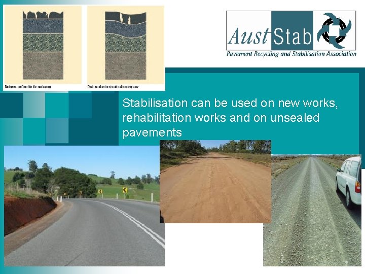 Stabilisation can be used on new works, rehabilitation works and on unsealed pavements 