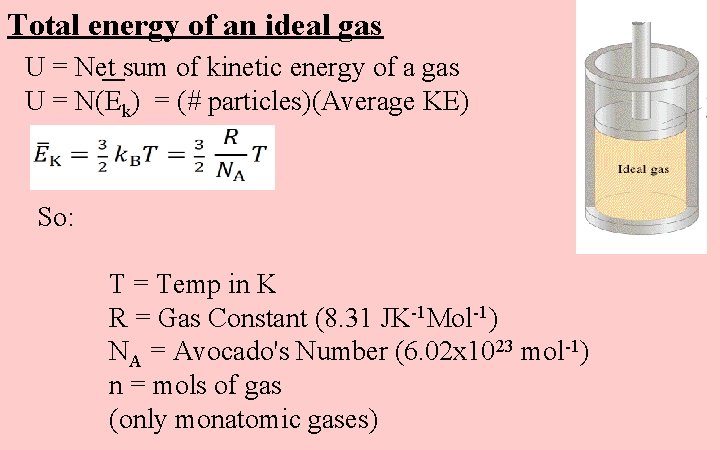 Total energy of an ideal gas U = Net sum of kinetic energy of