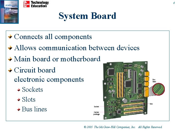 4 System Board Connects all components Allows communication between devices Main board or motherboard