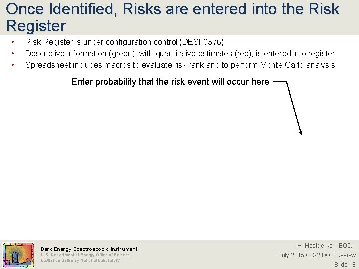 Once Identified, Risks are entered into the Risk Register • • • Risk Register
