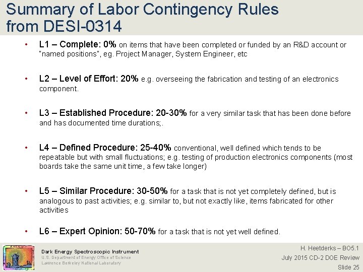 Summary of Labor Contingency Rules from DESI-0314 • L 1 – Complete: 0% on