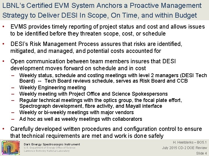 LBNL’s Certified EVM System Anchors a Proactive Management Strategy to Deliver DESI In Scope,
