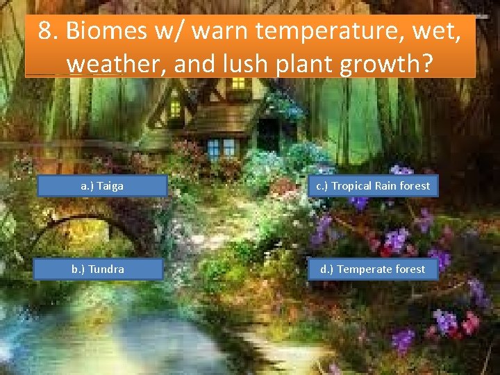 8. Biomes w/ warn temperature, wet, weather, and lush plant growth? a. ) Taiga