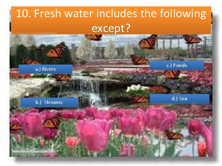 10. Fresh water includes the following except? a. ) Rivers b. ) Streams c.