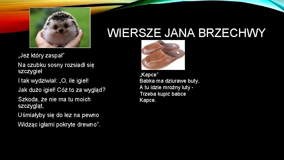 WIERSZE JANA BRZECHWY „Jeż który zaspał” Na czubku sosny rozsiadł się szczygieł I tak