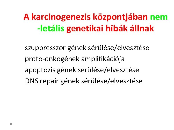 A karcinogenezis központjában nem -letális genetikai hibák állnak szuppresszor gének sérülése/elvesztése proto-onkogének amplifikációja apoptózis