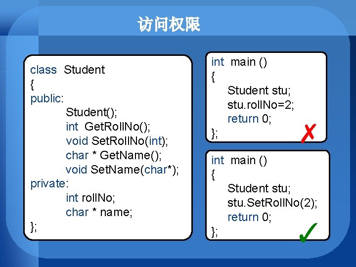 访问权限 class Student { public: Student(); int Get. Roll. No(); void Set. Roll. No(int);