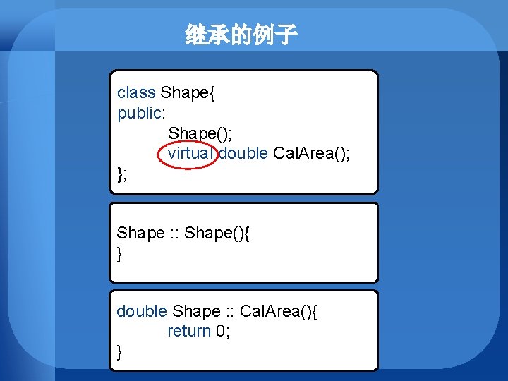 继承的例子 class Shape{ public: Shape(); virtual double Cal. Area(); }; Shape : : Shape(){
