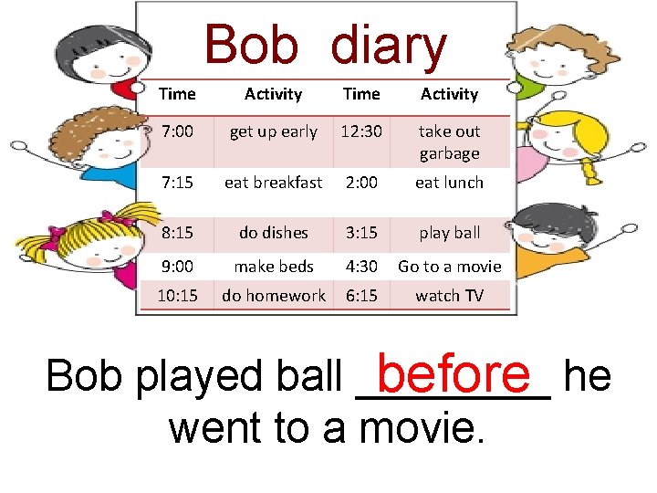 Bob diary Time Activity 7: 00 get up early 12: 30 take out garbage