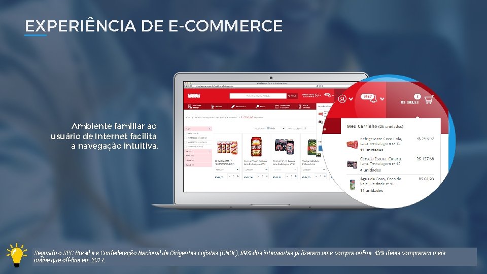 EXPERIÊNCIA DE E-COMMERCE Ambiente familiar ao usuário de Internet facilita a navegação intuitiva. Segundo