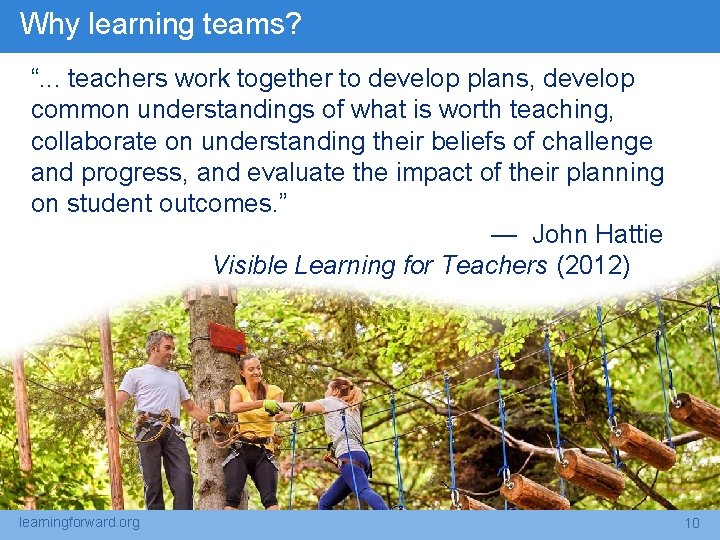 Why learning teams? “. . . teachers work together to develop plans, develop common