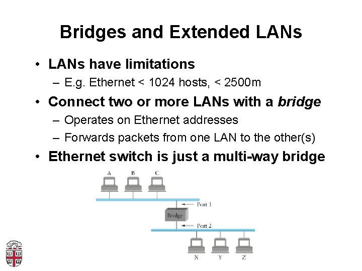 Bridges and Extended LANs • LANs have limitations – E. g. Ethernet < 1024