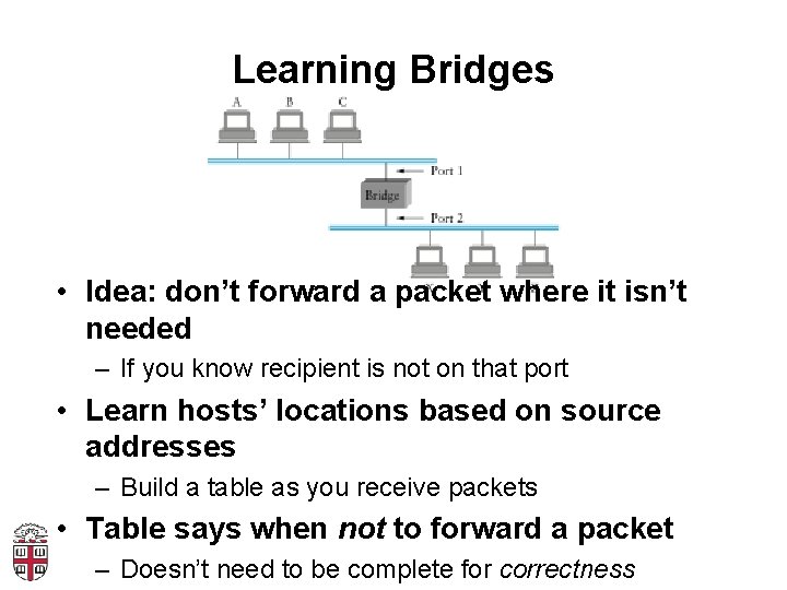 Learning Bridges • Idea: don’t forward a packet where it isn’t needed – If
