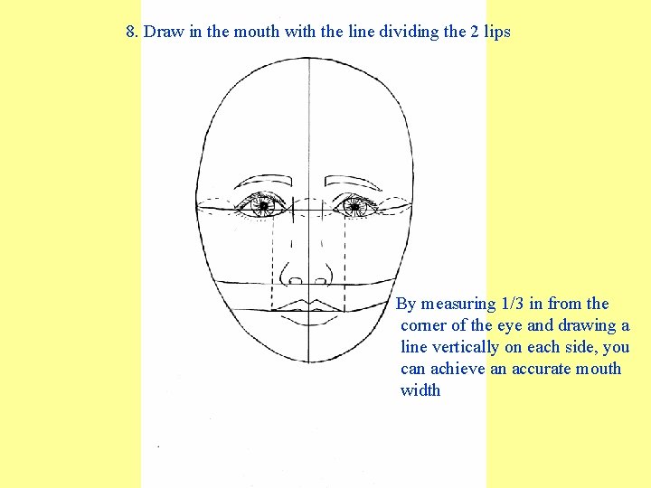 8. Draw in the mouth with the line dividing the 2 lips By measuring 8. Draw in the mouth with the line dividing the 2 lips By measuring