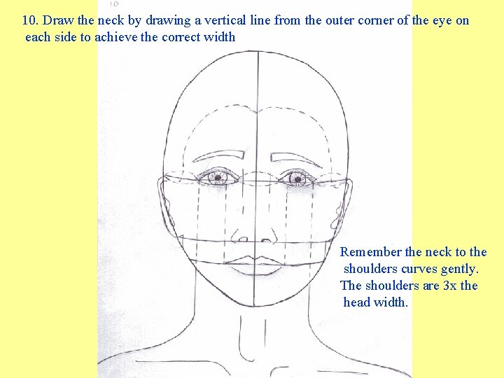 10. Draw the neck by drawing a vertical line from the outer corner of 10. Draw the neck by drawing a vertical line from the outer corner of