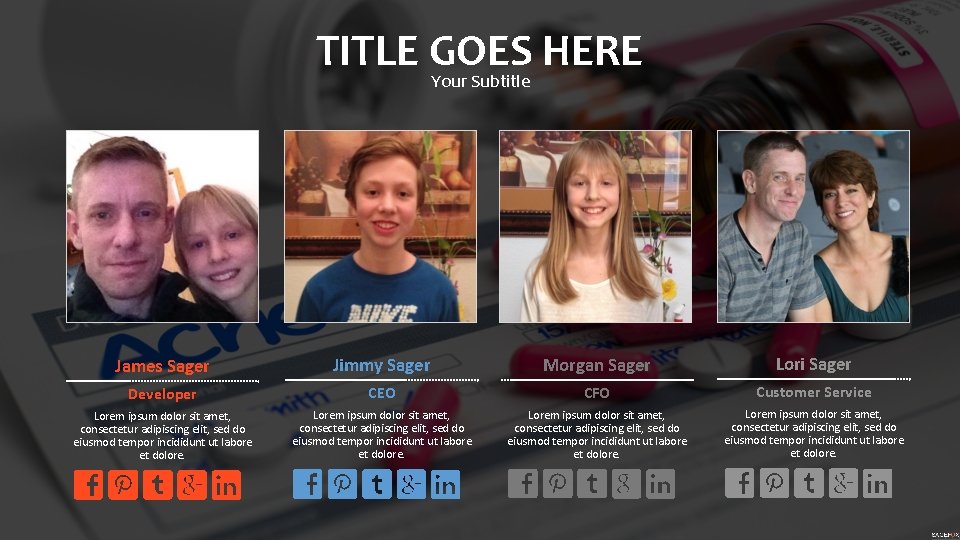 TITLE GOES HERE Your Subtitle James Sager Jimmy Sager Morgan Sager Lori Sager Developer