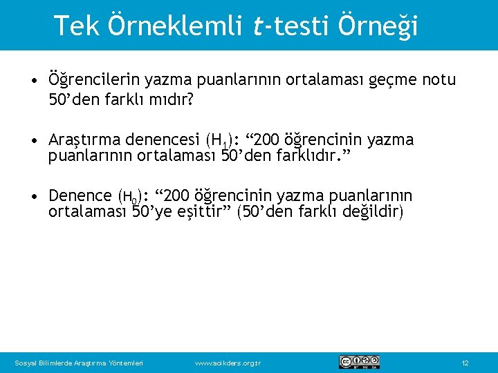 Tek Örneklemli t-testi Örneği • Öğrencilerin yazma puanlarının ortalaması geçme notu 50’den farklı mıdır?
