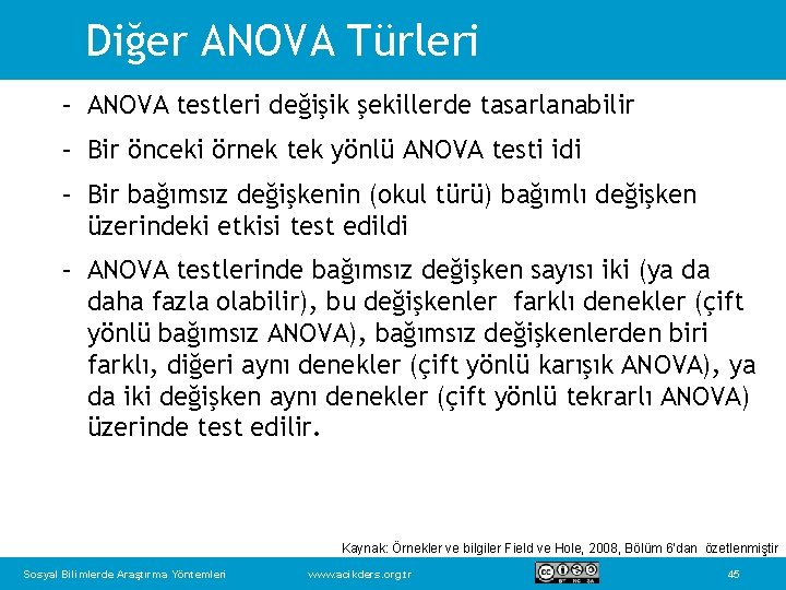 Diğer ANOVA Türleri – ANOVA testleri değişik şekillerde tasarlanabilir – Bir önceki örnek tek