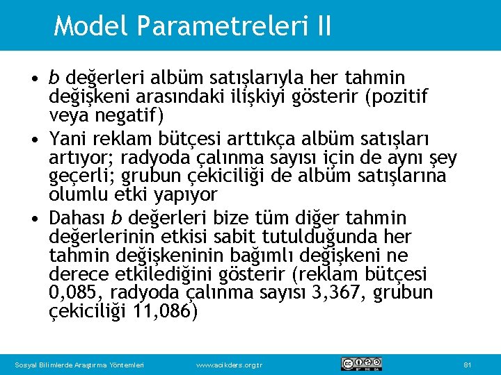 Model Parametreleri II • b değerleri albüm satışlarıyla her tahmin değişkeni arasındaki ilişkiyi gösterir