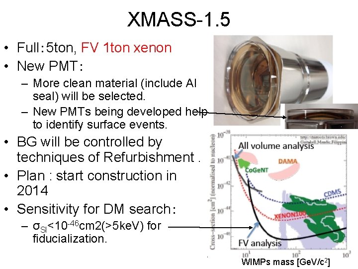 XMASS-1. 5 • Full： 5 ton, FV 1 ton xenon • New PMT： –