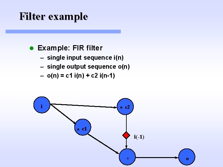 Filter example l Example: FIR filter – single input sequence i(n) – single output