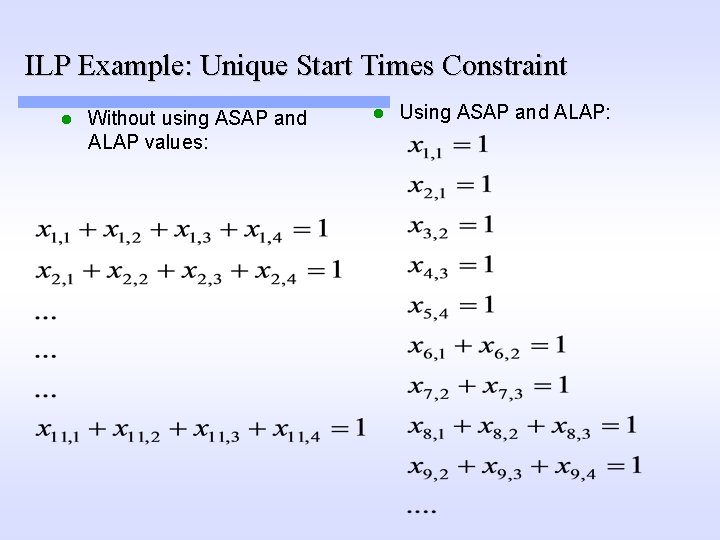 ILP Example: Unique Start Times Constraint l Without using ASAP and ALAP values: l