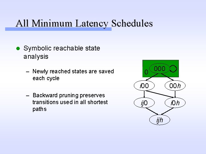 All Minimum Latency Schedules l Symbolic reachable state analysis – Newly reached states are