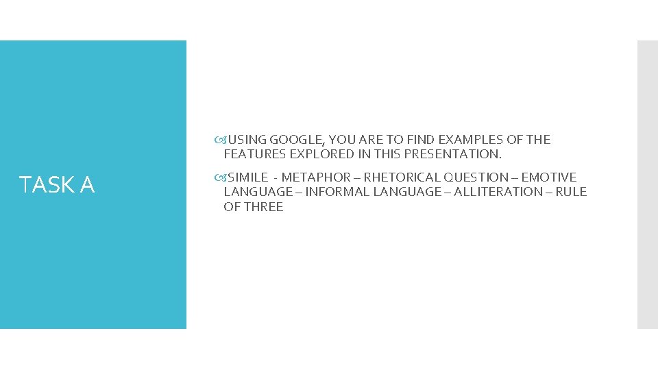  USING GOOGLE, YOU ARE TO FIND EXAMPLES OF THE FEATURES EXPLORED IN THIS
