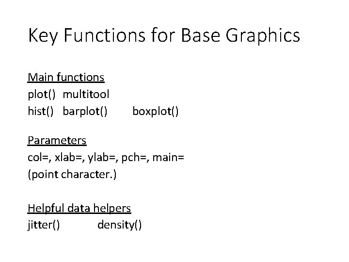 Key Functions for Base Graphics Main functions plot() multitool hist() barplot() boxplot() Parameters col=,